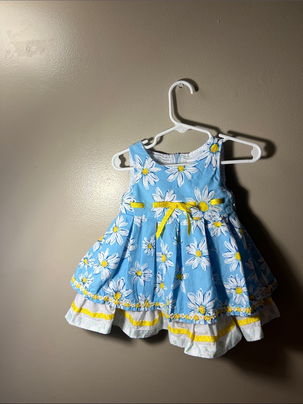 Blue Daisy Print Girls' Dress with Yellow Ribbon